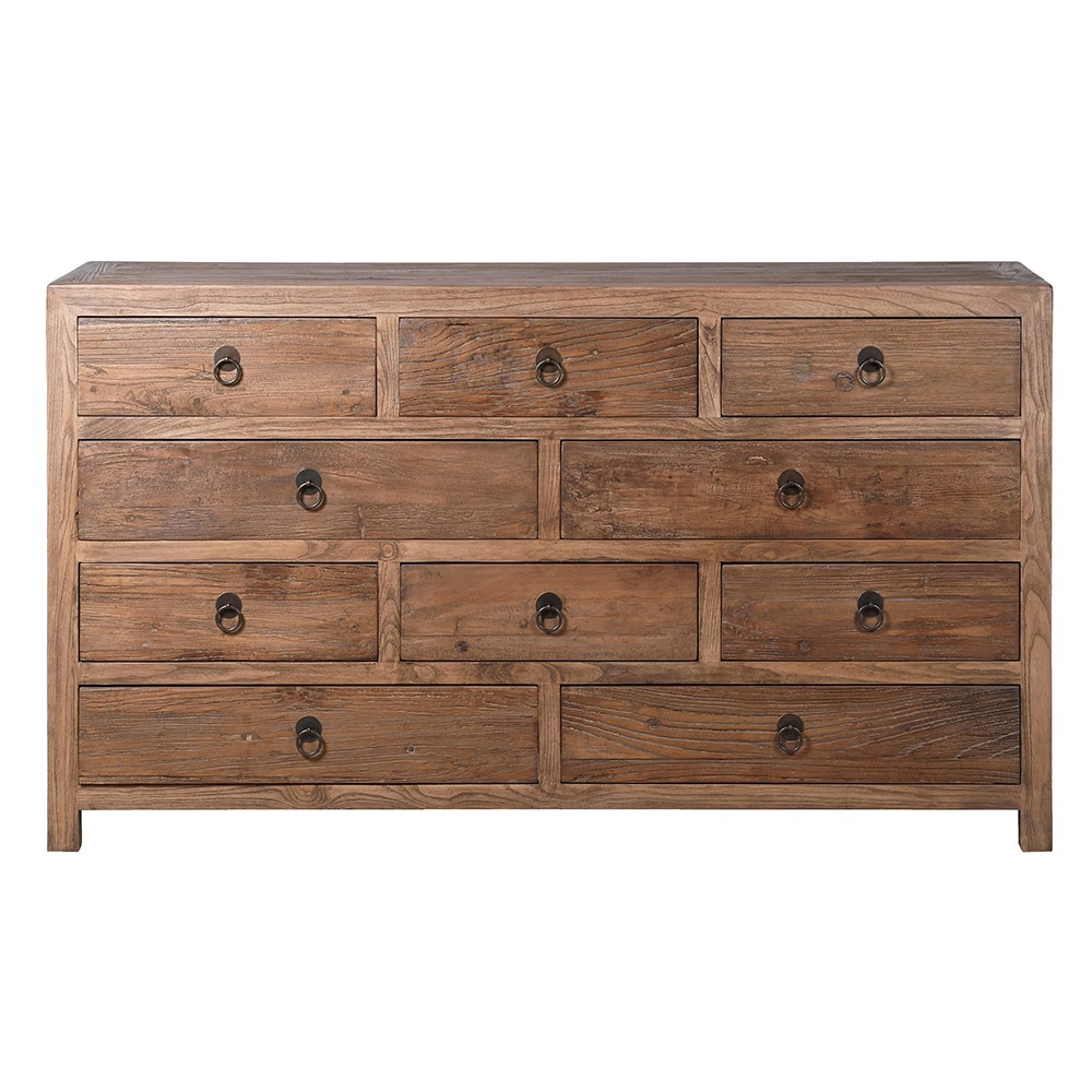 Draper reclaimed elm chest of drawers with multiple wooden drawers and metal ring pull handles