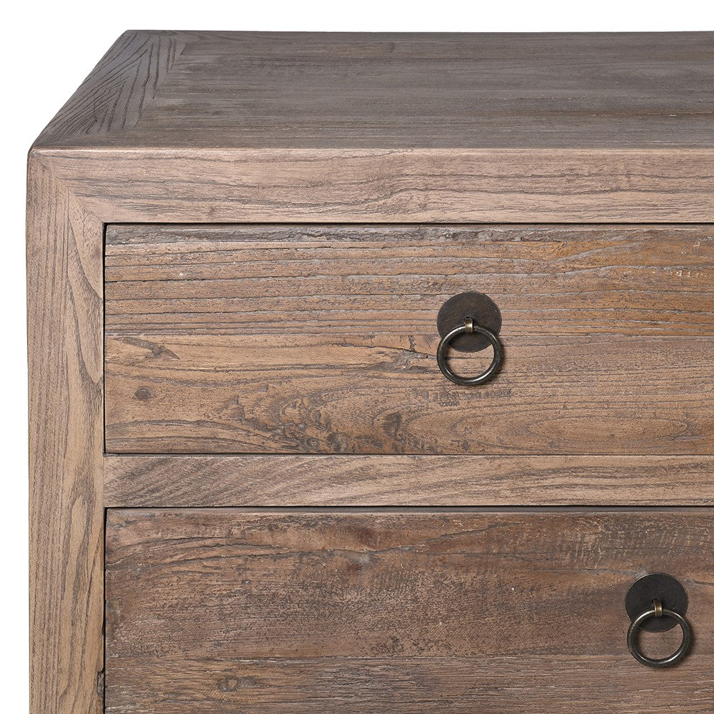 Draper reclaimed elm chest of drawers with multiple wooden drawers and metal ring pull handles