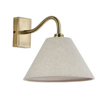 Product photo of Dunston Antique Brass Wall Light with linen cone shade on white background