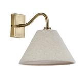 Product photo of Dunston Antique Brass Wall Light with linen cone shade on white background