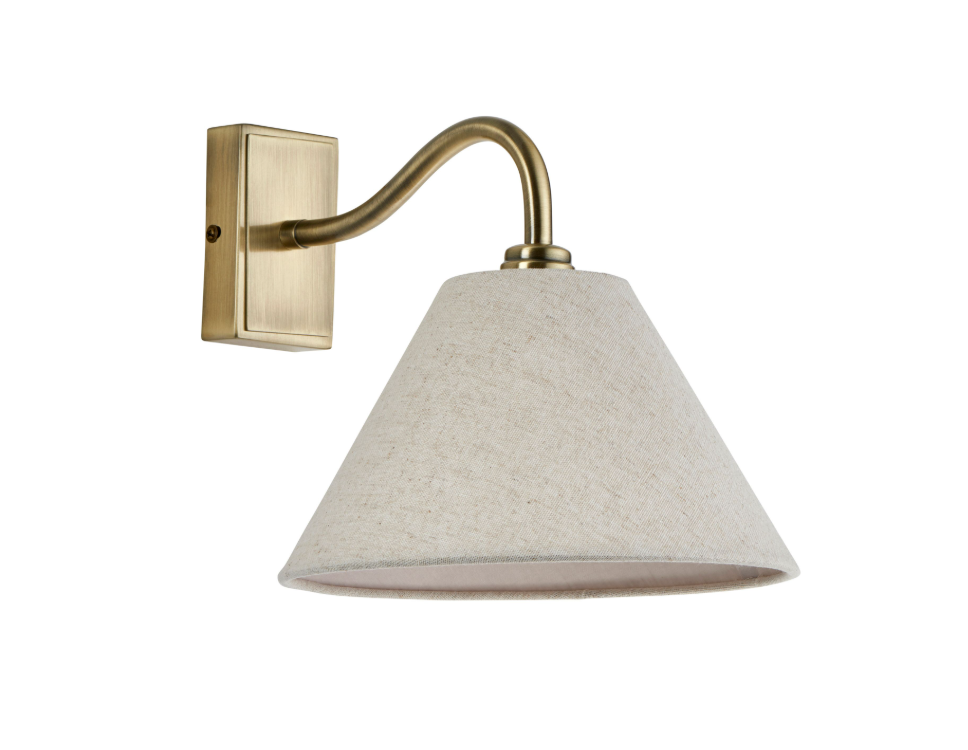 Product photo of Dunston Antique Brass Wall Light with linen cone shade on white background