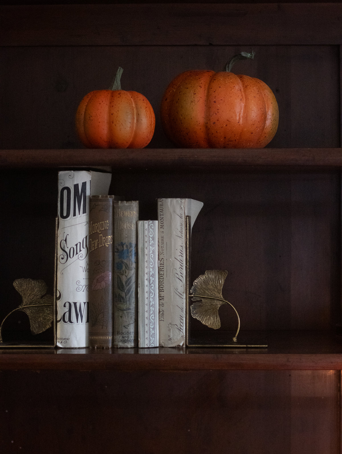 Small and medium rustic orange faux pumpkins on a shelf with books