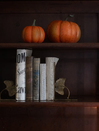 Small and medium rustic orange faux pumpkins on a shelf with books