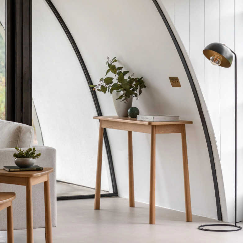 Edmund oak console table in solid oak with minimalist design and tapered legs