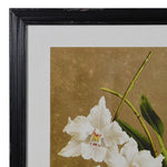 Close-up of white orchid botanical art print with black frame