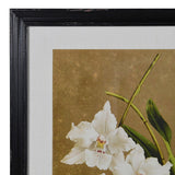 Close-up of white orchid botanical art print with black frame