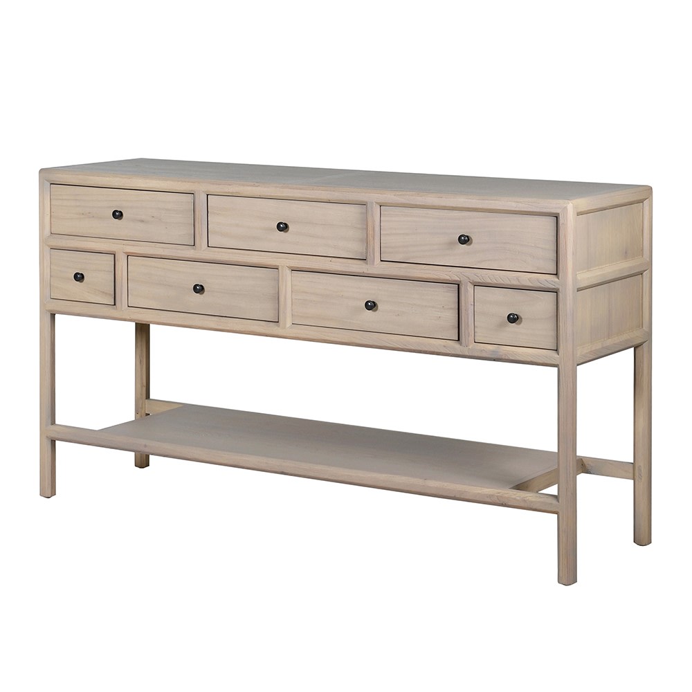 The Eliza Console Table in natural wood finish with seven drawers and open shelf.