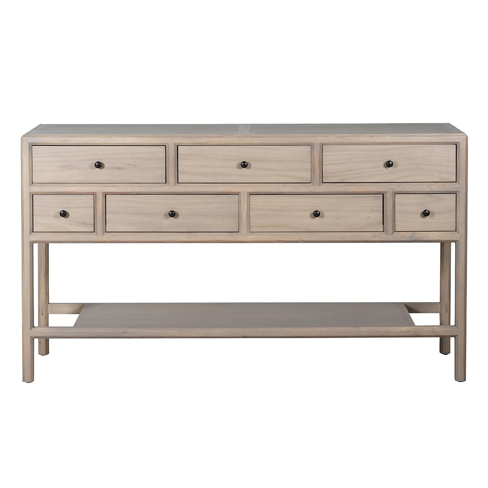 Front view of The Eliza Console Table showcasing storage drawers.