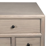 Close-up of The Eliza Console Table wood texture and black knob details.