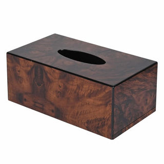 A rectangular tissue box cover made of glossy dark brown burl wood with a black oval opening on top, shown on a plain white background.