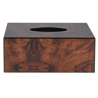 A rectangular tissue box cover made of richly figured burl wood, featuring a glossy dark top panel with an oval cutout and a warm brown wood-grain front, shown against a plain white background.