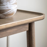 Close-up of Elmore Oak Console Table corner showcasing dovetail joinery and smooth oak finish
