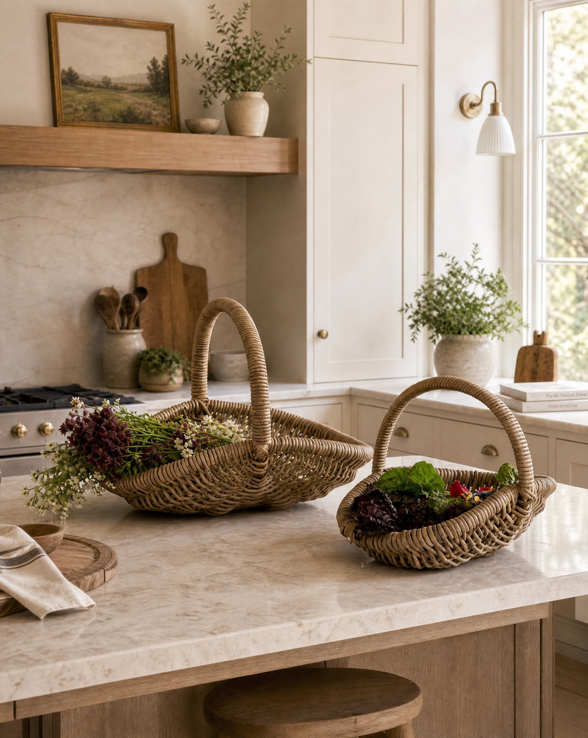 Two woven wicker baskets filled with fresh flowers and greens are displayed on a light marble kitchen island in a bright, modern kitchen with white cabinets and a wood range hood.