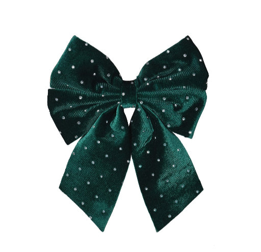 Emerald green velvet decorative bow with rhinestone accents for holiday or gift décor