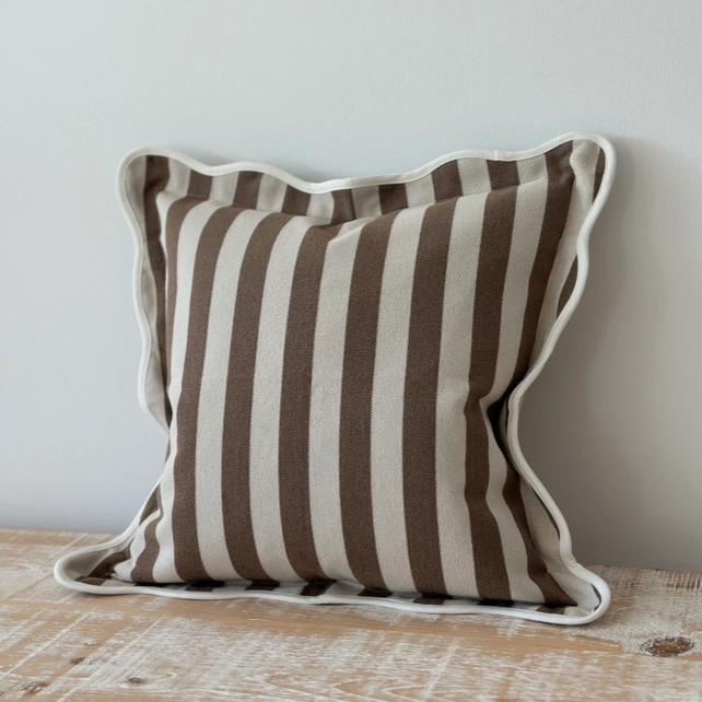 Emmie Brown Stripe poly cotton cushion cover 45cm square with scalloped edge trim
