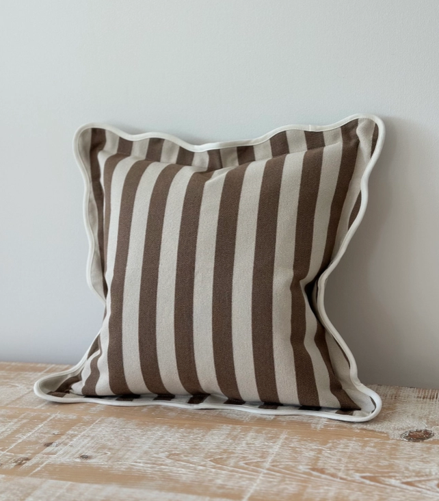 Emmie Brown Stripe poly cotton cushion cover 45cm square with scalloped edge trim