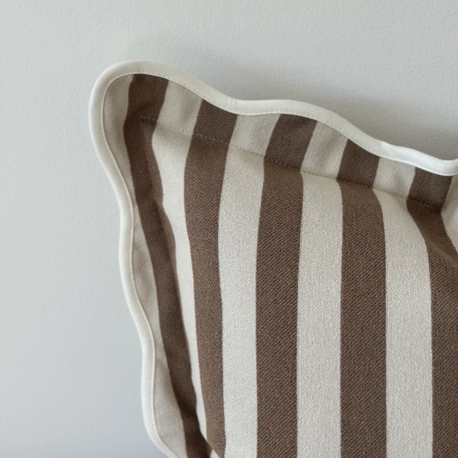Emmie Brown Stripe poly cotton cushion cover 45cm square with scalloped edge trim