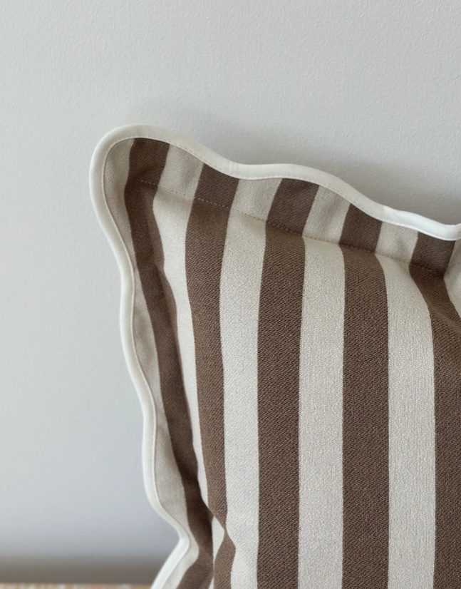 Emmie Brown Stripe poly cotton cushion cover 45cm square with scalloped edge trim