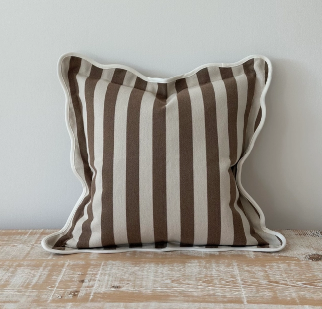 Emmie Brown Stripe poly cotton cushion cover 45cm square with scalloped edge trim