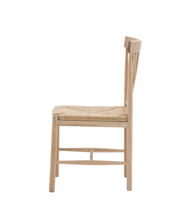 Side profile of Eton Chair showing rope seat and oak legs