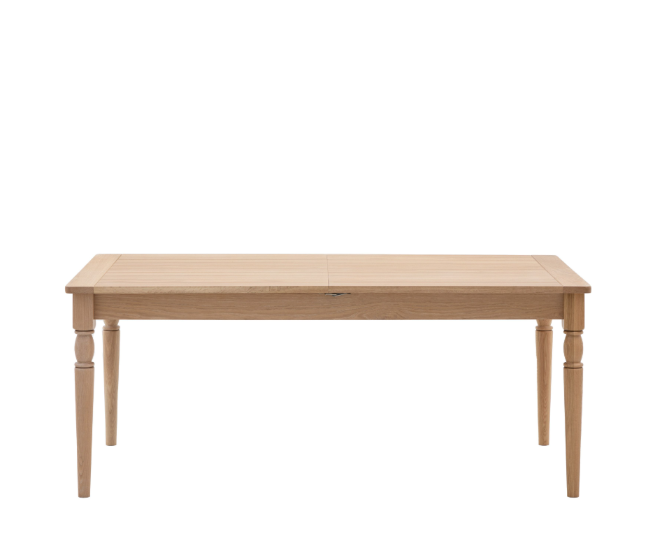 Front view of Eton Extendable Table showcasing turned oak legs and smooth finish

Shopify Tags