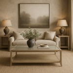 Grey oak and oak veneer coffee table with a glass top sitting on rattan latticed underside with tapered legs and a shelf underneath.

Dimensions:

H 40cm W 120cm D 60cm