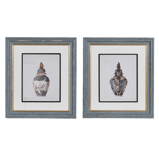 Pair of Kedleston lidded jar still life prints in matching frames, hung side by side
