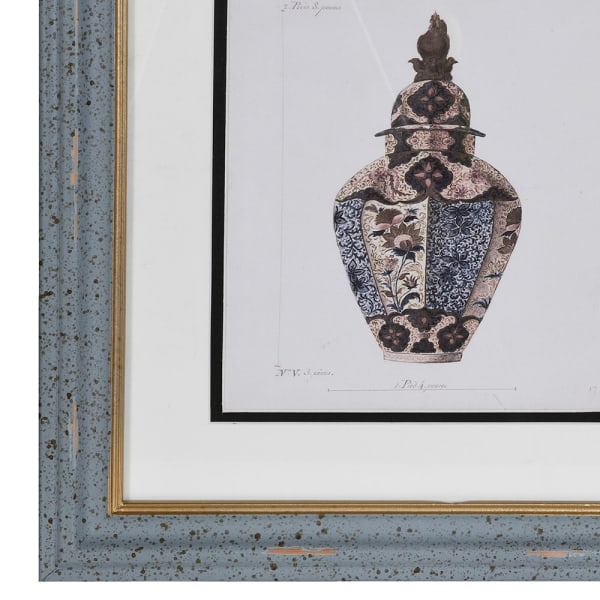 Close up of a Kedleston print showing a patterned lidded jar within a cream mount