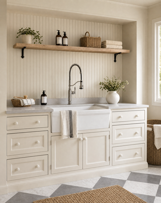 A bright, modern farmhouse-style laundry or utility sink area with white cabinets, a white farmhouse sink, a black gooseneck faucet, a light wood floating shelf with plants and baskets, and a gray-and-white checkered floor.