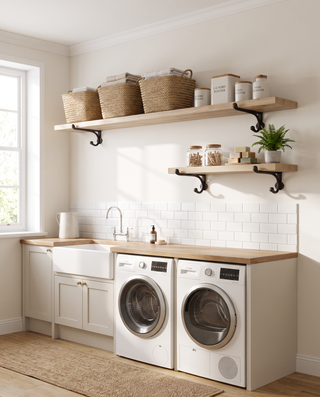 A bright, modern laundry room featuring a white farmhouse sink, a white front-load washer, and a matching white front-load dryer with light wood countertops. Above the sink, two light wood floating shelves are mounted on the wall with black brackets, holding woven baskets, storage boxes, and glass jars.