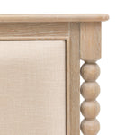 Antoine bed frame in limewashed oak with upholstered headboard and turned posts – elegant French country bedroom furniture Close up of turned  wood headboard detail