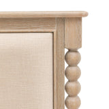 Antoine bed frame in limewashed oak with upholstered headboard and turned posts – elegant French country bedroom furniture Close up of turned  wood headboard detail
