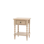 Antoine bedside table in limewashed oak with turned legs, single drawer, and open lower shelf – rustic and elegant bedroom furniture