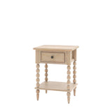 Antoine bedside table in limewashed oak with turned legs, single drawer, and open lower shelf – rustic and elegant bedroom furniture