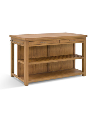 Aldsworth natural Bayur wood kitchen island with drawers and open shelving, view 3