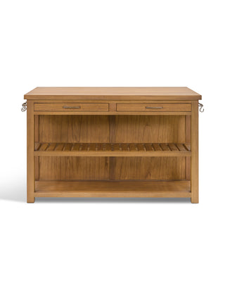 Aldsworth natural Bayur wood kitchen island with drawers and open shelving, view 4
