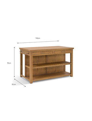 Aldsworth natural Bayur wood kitchen island with drawers and open shelving, view 5