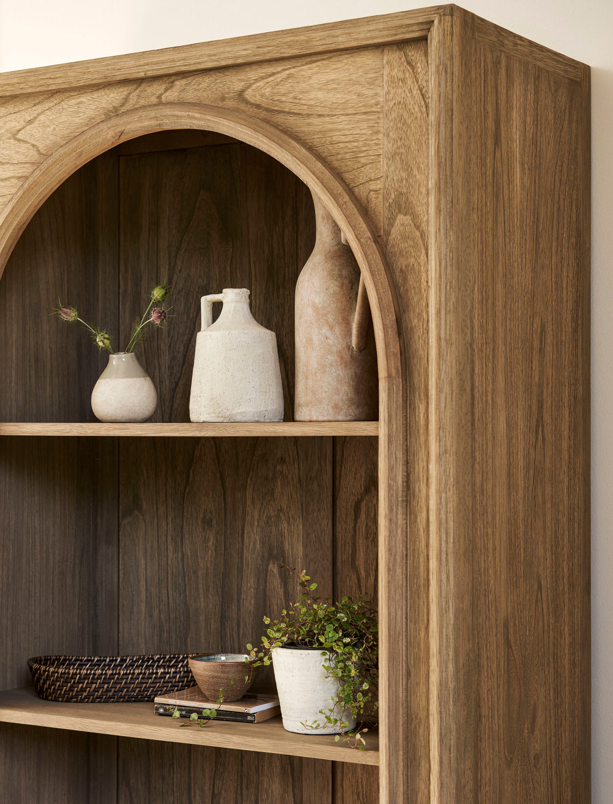 Coln arched Bayur wood bookshelf with five shelves, view 2