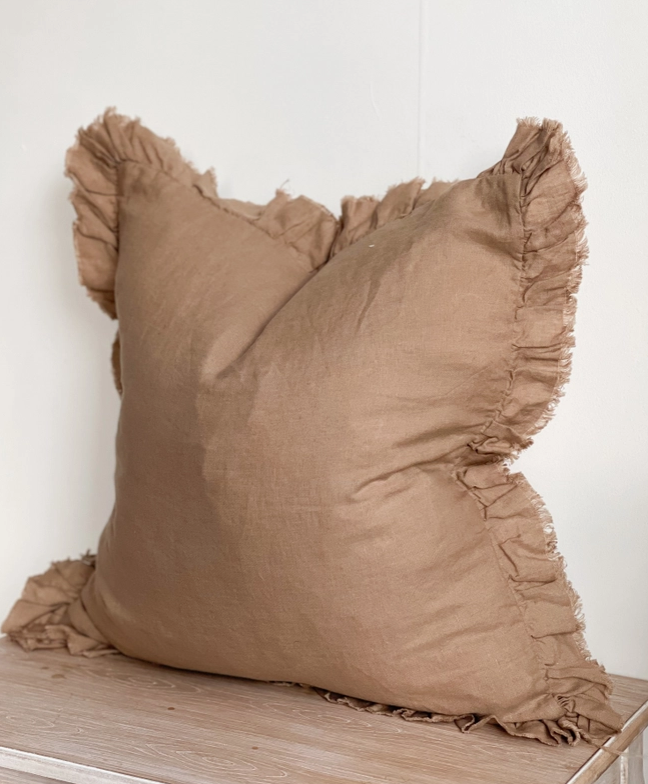 Faith Ruffled Linen Cushion Coffee Brown