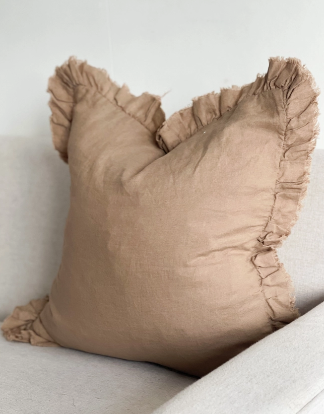 Faith Ruffled Linen Cushion Coffee Brown