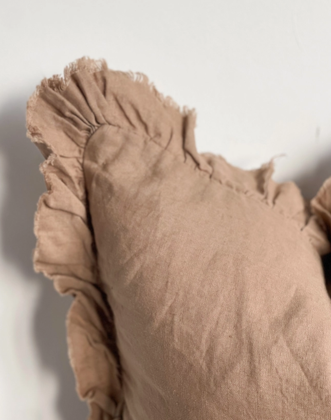Faith Ruffled Linen Cushion Coffee Brown