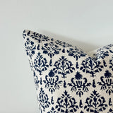 Farrow navy patterned poly cotton cushion cover 45cm square on natural fabric