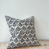 Farrow navy patterned poly cotton cushion cover 45cm square on natural fabric