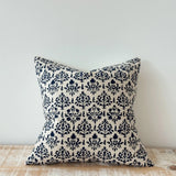 Farrow navy patterned poly cotton cushion cover 45cm square on natural fabric