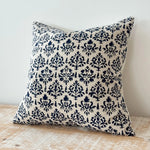 Farrow navy patterned poly cotton cushion cover 45cm square on natural fabric