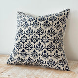 Farrow navy patterned poly cotton cushion cover 45cm square on natural fabric