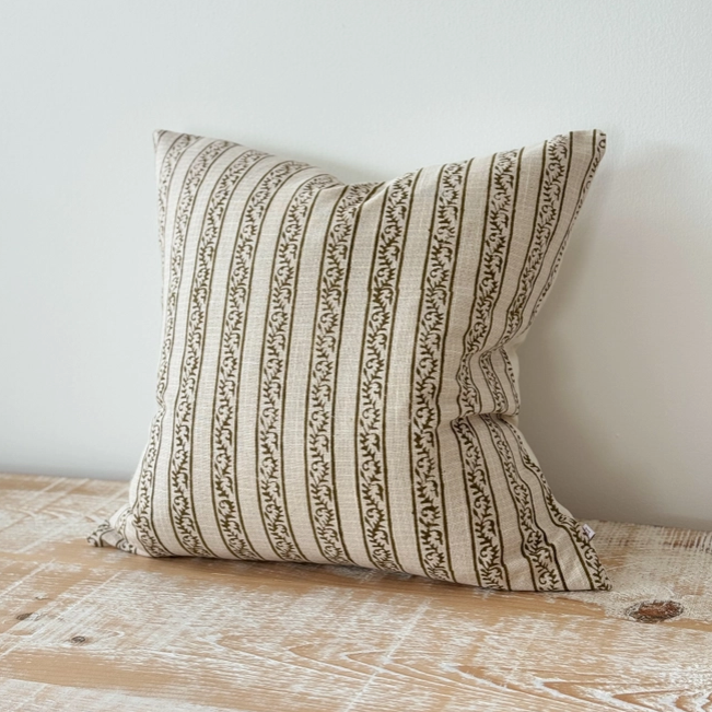 Farrow Olive Stripe poly cotton cushion cover 45cm square with decorative stripe pattern