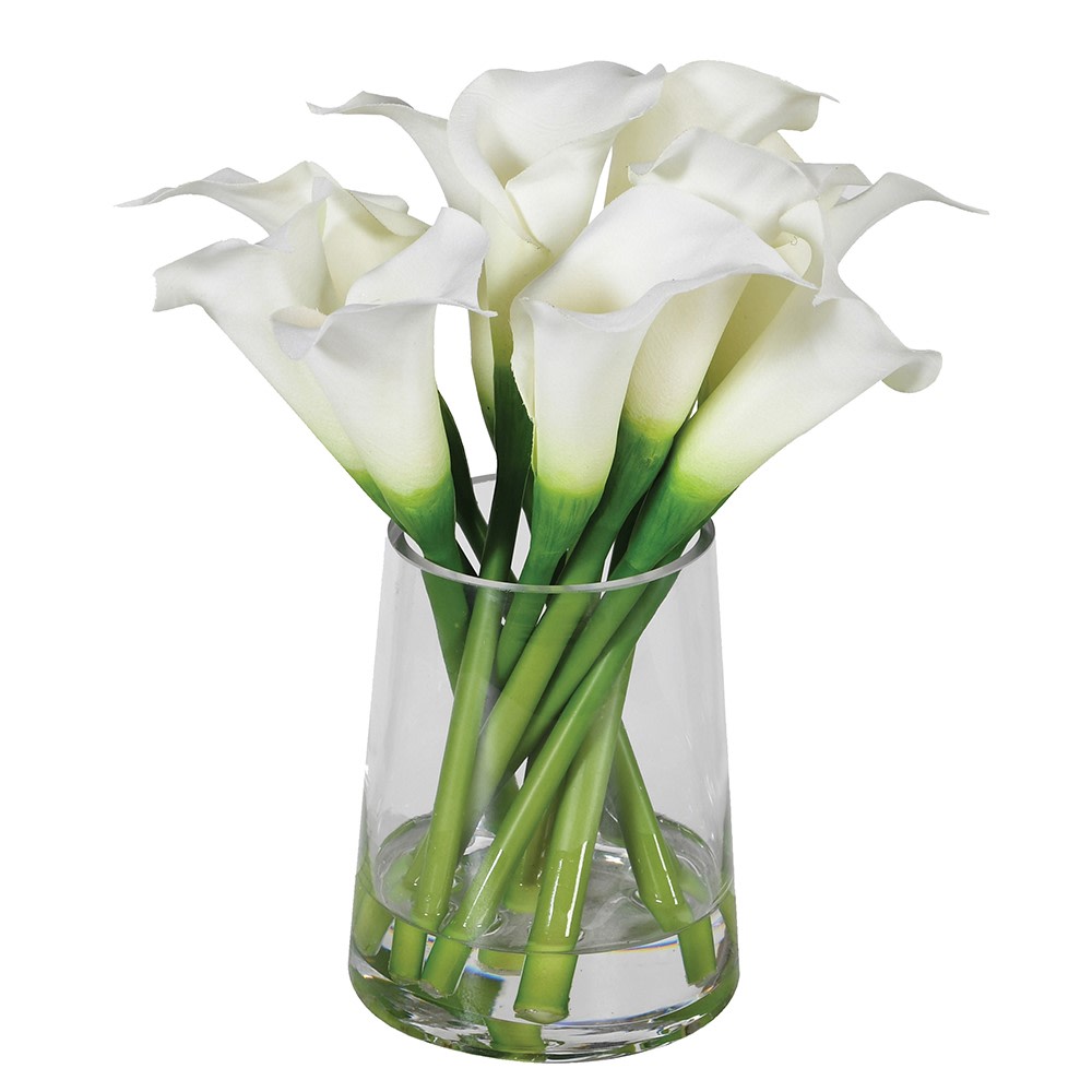 Luxurious Faux White Cala Lilies in Glass Vase