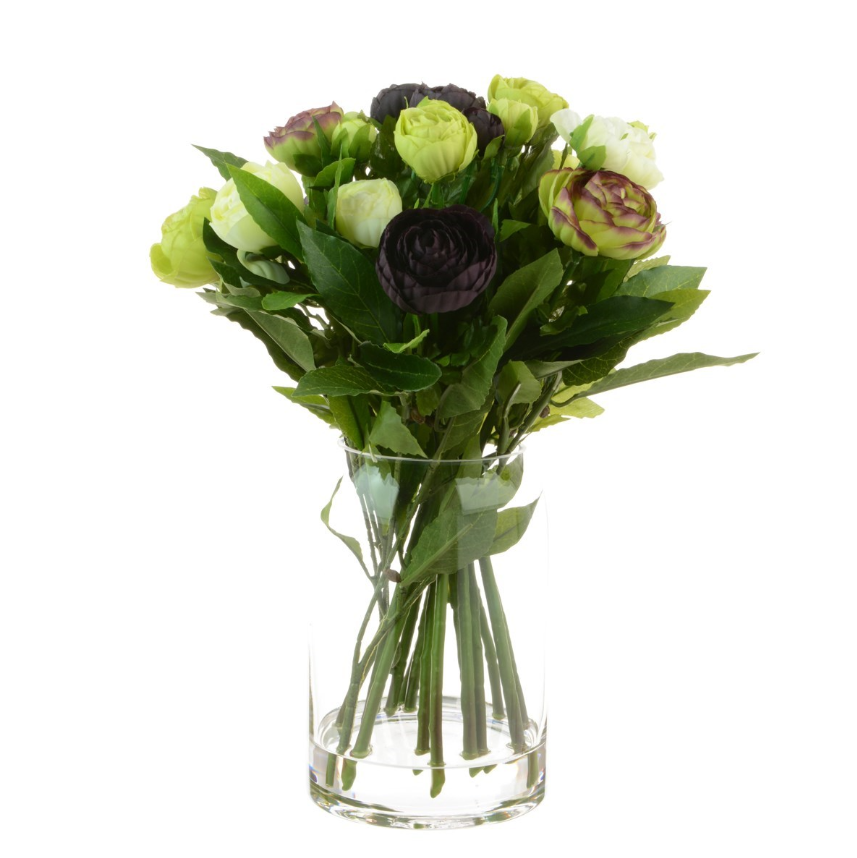Faux green and aubergine Ranunculus bouquet arranged in a clear glass vase with realistic foliage