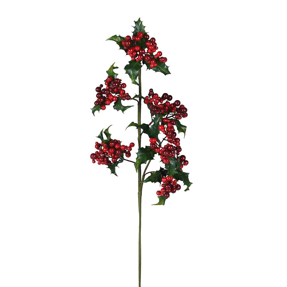 Faux holly and ivy stem with red berries and green leaves, 90cm tall